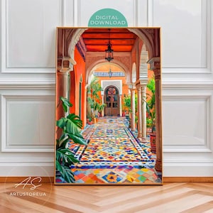 Moroccan Courtyard Art Print, Exotic Archway Painting, Mediterranean Tile Hallway Poster, Boho Travel Wall Art Decor