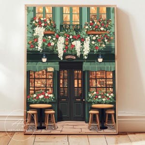 Irish Pub Poster - European Pub Pastel Art Print, Irish Pub Wall Art, Irish Pub Poster, Irish Pub Wall Art, Vintage Cozy Green Facade Art