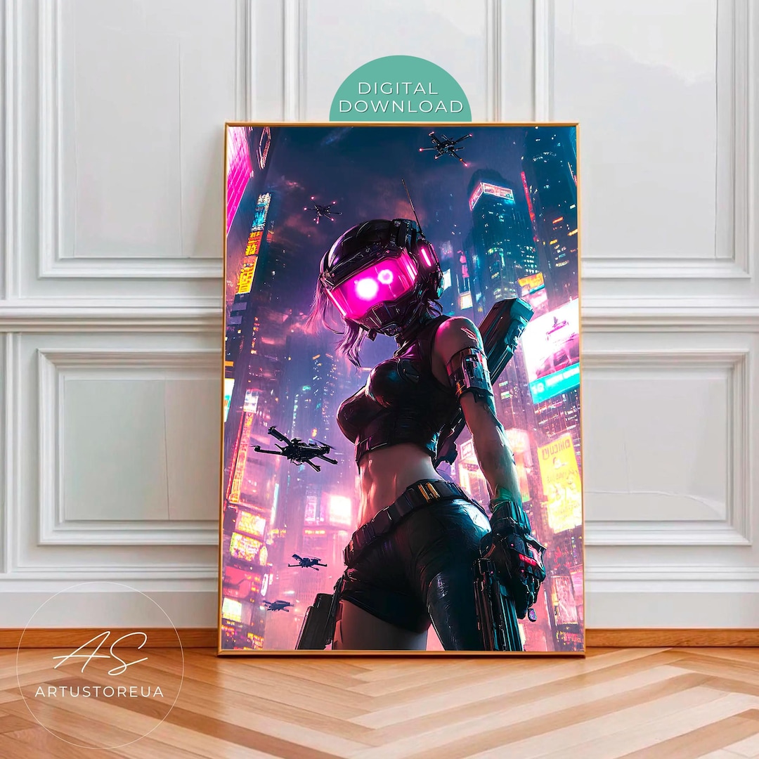 Cyberpunk Girl Digital Print, Neon City Wall Art, Futuristic Woman ...