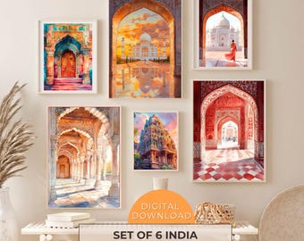 India Travel Poster Set of 6 Prints, Taj Mahal and Architecture Wall Art, Colorful Indian Archways and Temples, Boho Gallery Wall Decor