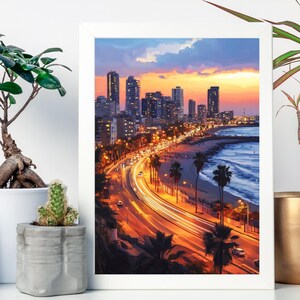 Tel Aviv Print - Tel Aviv Nightscape, Israel Skyline Art Tel Aviv Sunset City Glow Tel Aviv Beach Road Lights, Tel Aviv Digital Oil Painting
