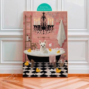 Kunstdruck „Chihuahua in der Badewanne“, rosa Welpenposter fürs Badezimmer, lustige Hunde-Badewannen-Deko, Wandbild mit Gummiente, skurriles Tiergemälde