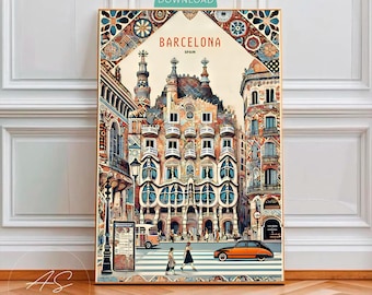 Barcelona Spain Poster, Gaudi Architecture Print, Vintage Travel Wall Decor, Mosaic House Art, Retro Street Car Painting, Colorful Landmark