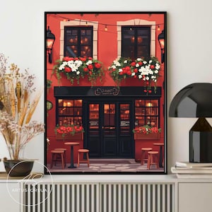 Irish Pub Poster - European Pub Pastel Art Print, Irish Pub Wall Art, Irish Pub Poster, Irish Pub Wall Art, Vintage Cozy Red Facade Art