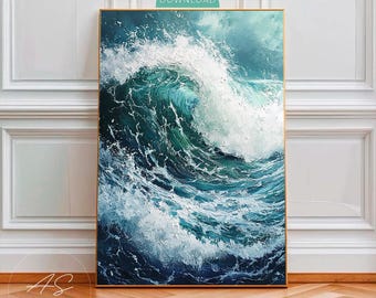 Print van oceaangolven, poster met brekende golven, muurdecoratie met turquoise zeegolven, poster met kust- en maritiem thema, digitale download
