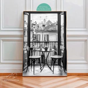 Rome Wall Art, Black and White Apartment Balcony View Poster, Italian Cityscape Print, Italy Travel Decor, Digital Download