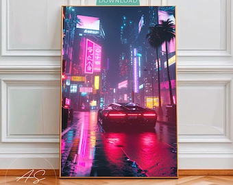 Cyberpunk Neon City Art Print, Futuristic Supercar Night Wall Decor, Sports Car Synthwave Poster, Sci-Fi Cityscape Digital Download Art