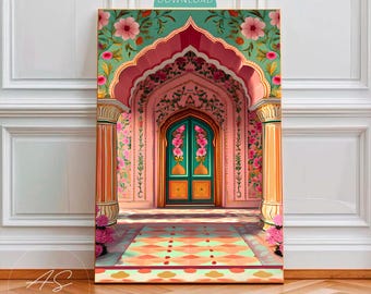 India Print, Pink Palace Poster, Jaipur Floral Door Wall Art, Indian Architecture Decor, Digital Download