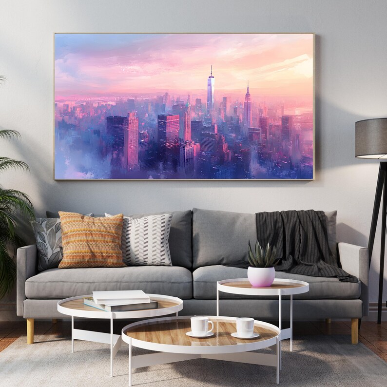 New York City Skyline Wall Art – Modern NYC Sunset Print, Empire State ...