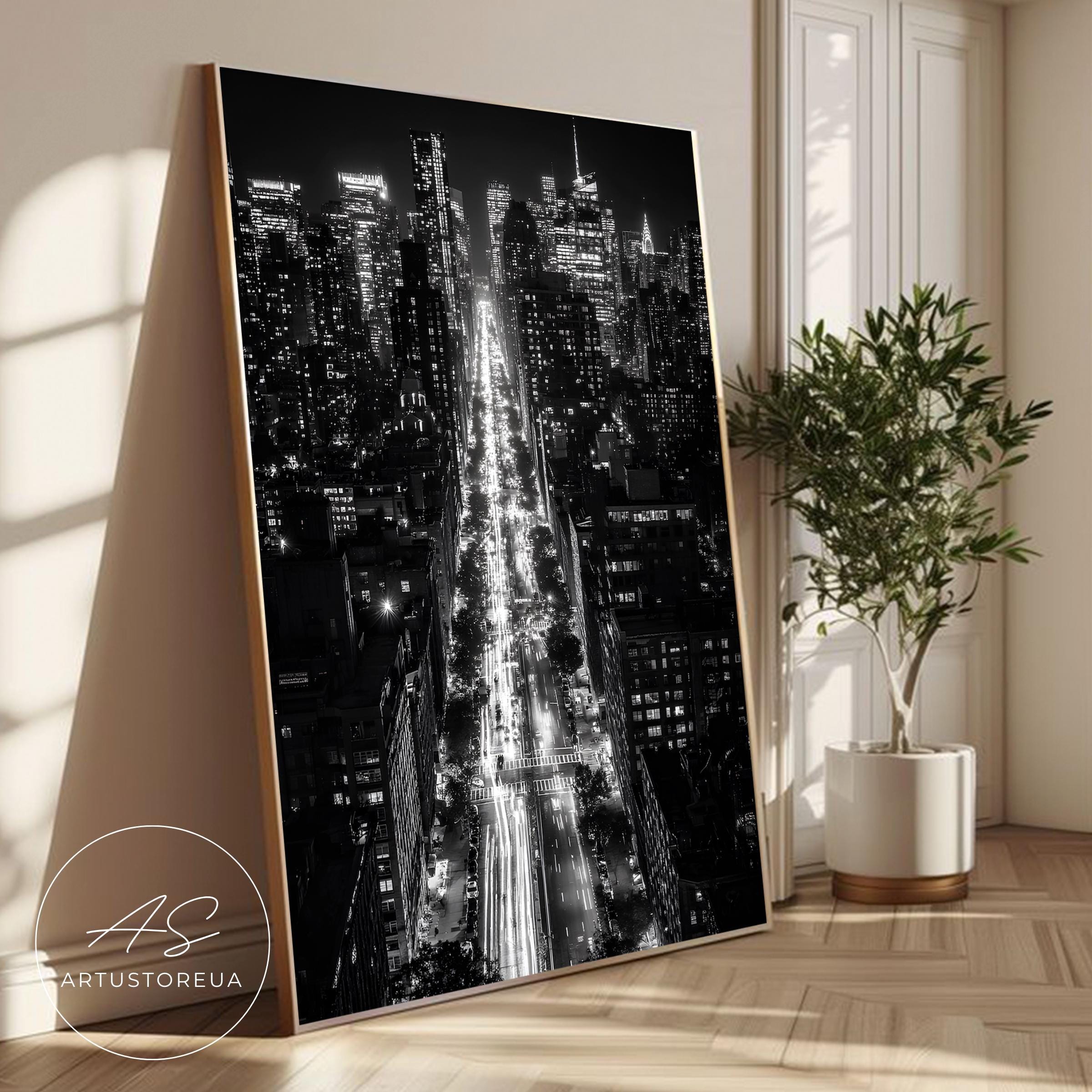 New York City Night Skyline Print, Black and White Manhattan Cityscape ...