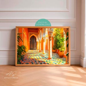 Marockansk väggkonsttryck för inomhusbruk, arabisk gårdsplanposter, solig morisk arkitektur, exotiskt kakelgolvkonstverk, varm bohemisk heminredning