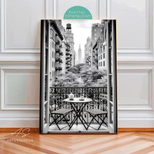 Lámina artística de balcón de la ciudad de Nueva York, póster icónico de rascacielos en blanco y negro, vista de ventana de Nueva York, decoración minimalista para apartamento, regalo acogedor para la hora del té.