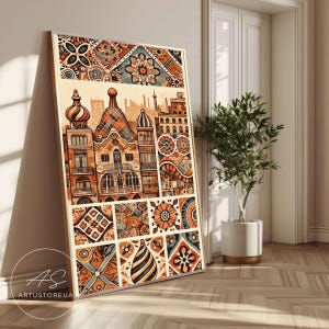 Barcelona-Druck – Von Gaudí inspirierte Mosaikkunst | Casa Batlló Abstraktes Poster | Retro-Blick auf Barcelona | Spanische Architektur Wandkunst
