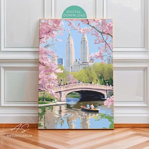 New York Wandbild, Frühlingsposter mit Kirschblüten im Central Park, Manhattan-Landschaftsbild, Stadtansicht-Dekoration, Digitaler Download