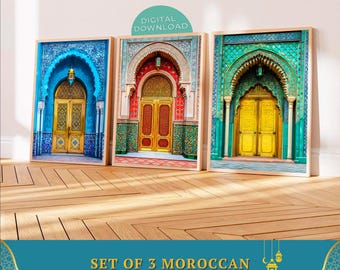 Morocco Set of 3 Prints, Moroccan Doors Wall Art, Islamic Archway Poster, Marrakech Architecture, Digital Download