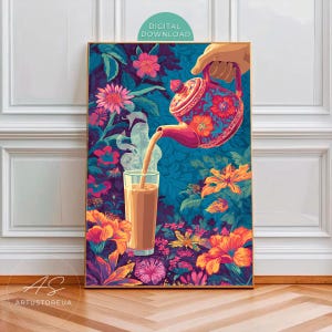 Affiche bohème indienne Chai, théière colorée versant du thé dans un verre sur fond floral, décoration murale botanique vibrante pour la cuisine