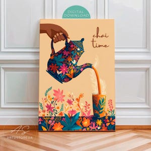 Chai-Wandbild, Poster mit indischer Teekanne im Boho-Stil, farbenfrohes Teegießen ins Glas, lebendige botanische Küchendekoration, digitaler Download