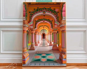 India Wall Art, Colorful Jaipur Palace Corridor Poster, Indian Architecture Print, Digital Download