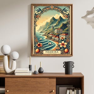 Póster de Madeira: póster de viaje vintage con arte del océano Atlántico, arte urbano costero tropical de Madeira, impresión mural Art Nouveau, ilustración de montaña