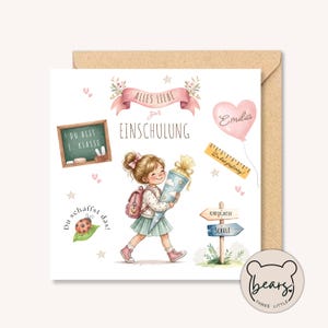 May include: A square greeting card featuring a cartoon girl holding a blue cone, with text reading ALLES LIEBE zur EINSCHULUNG, DU BIST 1. KLASSE, EMILIA, Du schaffst das, KINDERGARTEN, and SCHULE, alongside a chalkboard, heart balloon, and ladybug.