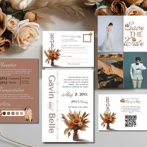 Mocha Mousse Wedding Invitation Set Template | Toffee Rose & Earthy Tone Wedding Invitation | Photo Collage Save The Date | Editable Digital