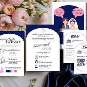 Modelo de convite de casamento azul marinho e rosa blush | Conjunto de convites de casamento engraçados | Detalhes elegantes da Marinha e cartão RSVP | Digital editável
