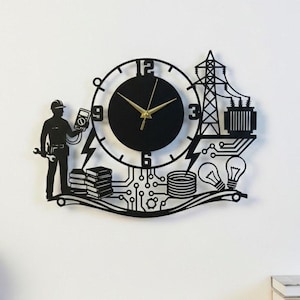 Aangepaste metalen wandklok elektrotechnisch ingenieur, cadeau elektricien, decor ingenieur student, kunst aan de muur Power Line, decor tech kantoor