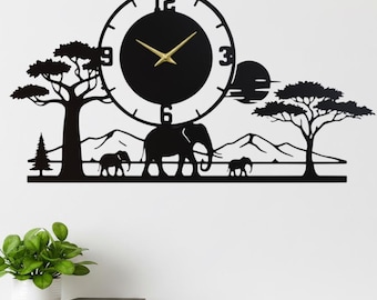 Elephant Metal Wall Clock: African Wildlife Wall Art, Handmade Animal Wall Decor