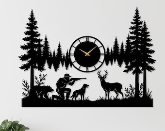 Hunter Metal Wall Clock: Rustic Deer Hunting Wall Art, Handmade Cabin Decor