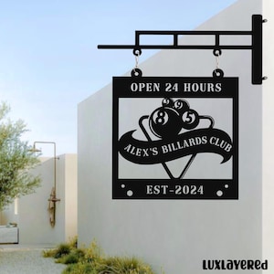Custom Billiards Shop Hanging Sign, Laser Cut Metal Wall Sign for Game Room or Man Cave, Personalized Outdoor Sign for Billiards Business