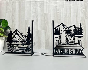 Personalized Mountain Lake Bookends For Desk Decor, Custom Couple Name Bookends, Anniversary Gift for Him Her, Home Decor, Bookshelves Decor