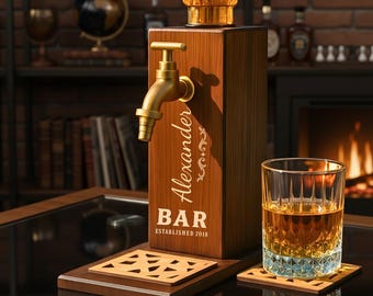 Aangepaste houten dispenser met naam: whiskystandaard voor man Cave-decor, kerstcadeau-idee voor hem