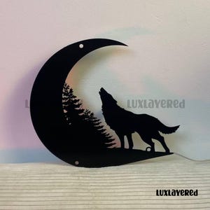 Letrero de metal con forma de luna de lobo personalizado, luz LED de bosque de lobos, arte de pared con luz de metal con nombre de lobo, letrero de metal con forma de animal de lobo para decoración de pared del hogar