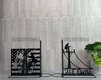 Personalized Lineman Bookend: Custom Electrician Gift, Metal Desk Decor
