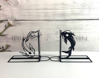 Koi Fish Metal Bookends: Stainless Steel Book Stand Display