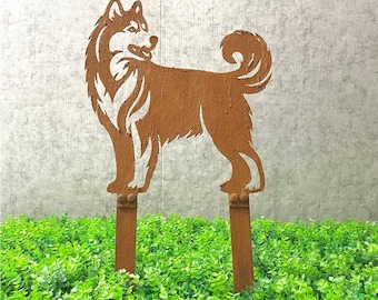May include: A brown metal husky dog silhouette garden stake. The dog is standing with its tail curled and is attached to two stakes for easy placement in a garden or yard. The text "LUXLAYERED" is in the top left corner.