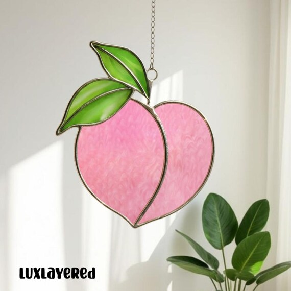 Peach Stained Glass Suncatcher: Handmade Fruit Window Hanging, Peach Glass Decor, Ornament Gift Idea