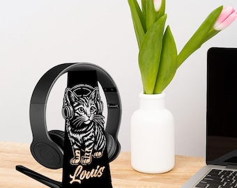 Soporte para auriculares con diseño de gato personalizado: decoración de escritorio para gamers, acero inoxidable