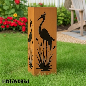 Rustic Heron Garden Column: Laser-Cut Metal Bird Sculpture