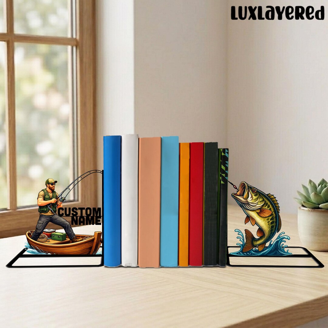 Fishing Metal Bookends, Angler Book Holder, Lake House Decor, Book ...