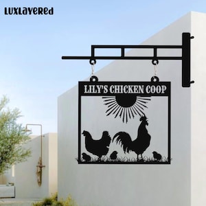 Custom Chicken Coop Metal Hanging Sign, Personalized Farmhouse Outdoor Hanging Sign with Rooster & Hen, Backyard Farm Decor