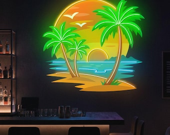 Könnte beinhalten: Neonschild mit einer tropischen Strandszene mit Palmen, Sonnenuntergang und Vögeln. Das Schild hat eine neon-grüne Umrandung für die Palmen und eine neon-blaue Umrandung für das Meer. Der Text "LUXLAYERED" befindet sich unten.