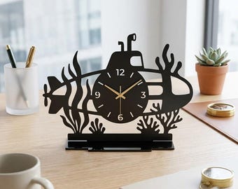 Submarine Metal Table Clock, Nautical Desk Decor, Ocean Lover Gift