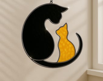 Cat Couple Stained Glass Suncatcher : Moon Window Hanging, Home Decor, Handmade Cat Lover Gift, Cat Stained Glass
