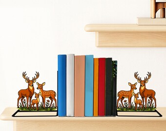 Sujetalibros de familia de ciervos: soporte de libros de escritorio de metal hecho a mano, decoración con escultura de ciervo
