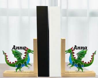 Handmade Dragon Stained Glass Bookends, Custom Name Wooden Book Holder, Fantasy Mythical Creature Shelf Decor Gift