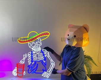 テキーラ ネオン LED 看板 メキシコ パーティー BAR PUB ショット テキーラを飲むメキシコの骸骨の LED サイン、テキーラ メキシコの骸骨