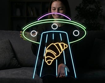 Neonreclame ufo-croissant, eigenzinnig led-bord voor keuken of bakkerij wanddecoratie, foodie en housewarmingcadeau