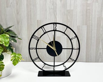 Custom Engraved Metal Table Clock: Modern Roman Numeral Desk Decor