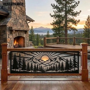 Custom Sunrise Metal Railings, Mountain Forest Balcony Guard Decor, Nature Privacy Panel Art Sign